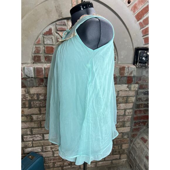 Pajama top satin lace and sheer aqua blue  tan - Picture 8 of 10